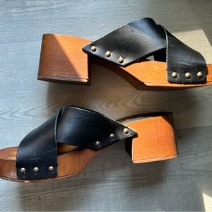 Seychelles Black Leather Mules with Wooden Block Heel